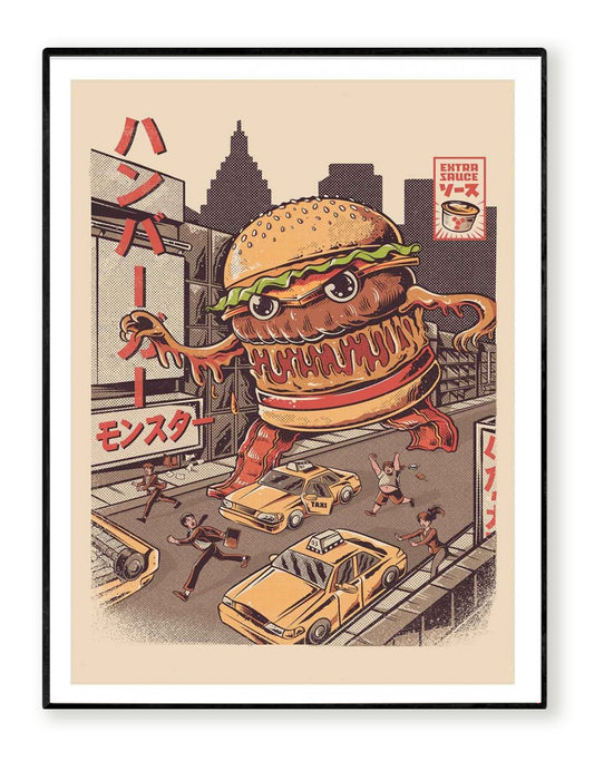 Burgerzilla by Illustrata – 30x40 cm retro pop art print featuring a giant anthropomorphic hamburger Kaiju monster rampaging through a city with taxis and fleeing people. Vintage Japanese poster style, warm retro color palette, FSC-certified eco paper, printed in France, unframed wall art for fans of comics, cult cinema, and quirky illustrations.