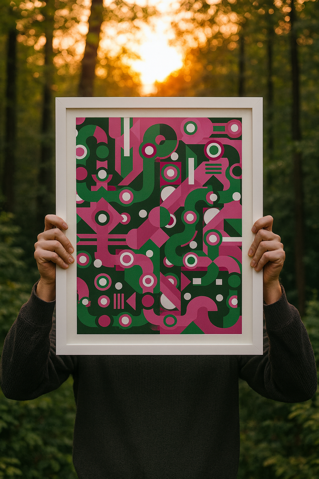 Colorful abstract geometric art print with flowing green and pink lines, circles, and shapes forming a maze-like pattern. Modern wall art by Belgian illustrator Gert Paenen of Studio Frits, perfect for contemporary interiors and design lovers.