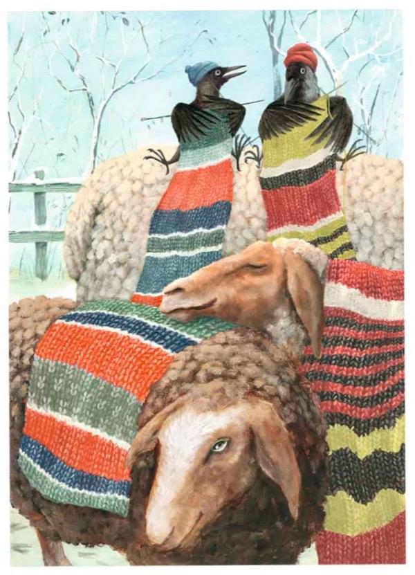 Whimsical winter illustration by Stien van Kerckhoven showing two birds knitting vibrant scarves onto sheep in a snowy landscape. A charming, humorous, and heartwarming art print that adds warmth and color to any home decor.