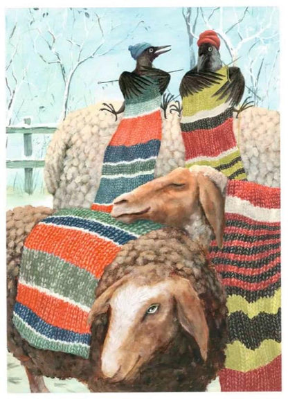 Whimsical winter illustration by Stien van Kerckhoven showing two birds knitting vibrant scarves onto sheep in a snowy landscape. A charming, humorous, and heartwarming art print that adds warmth and color to any home decor.