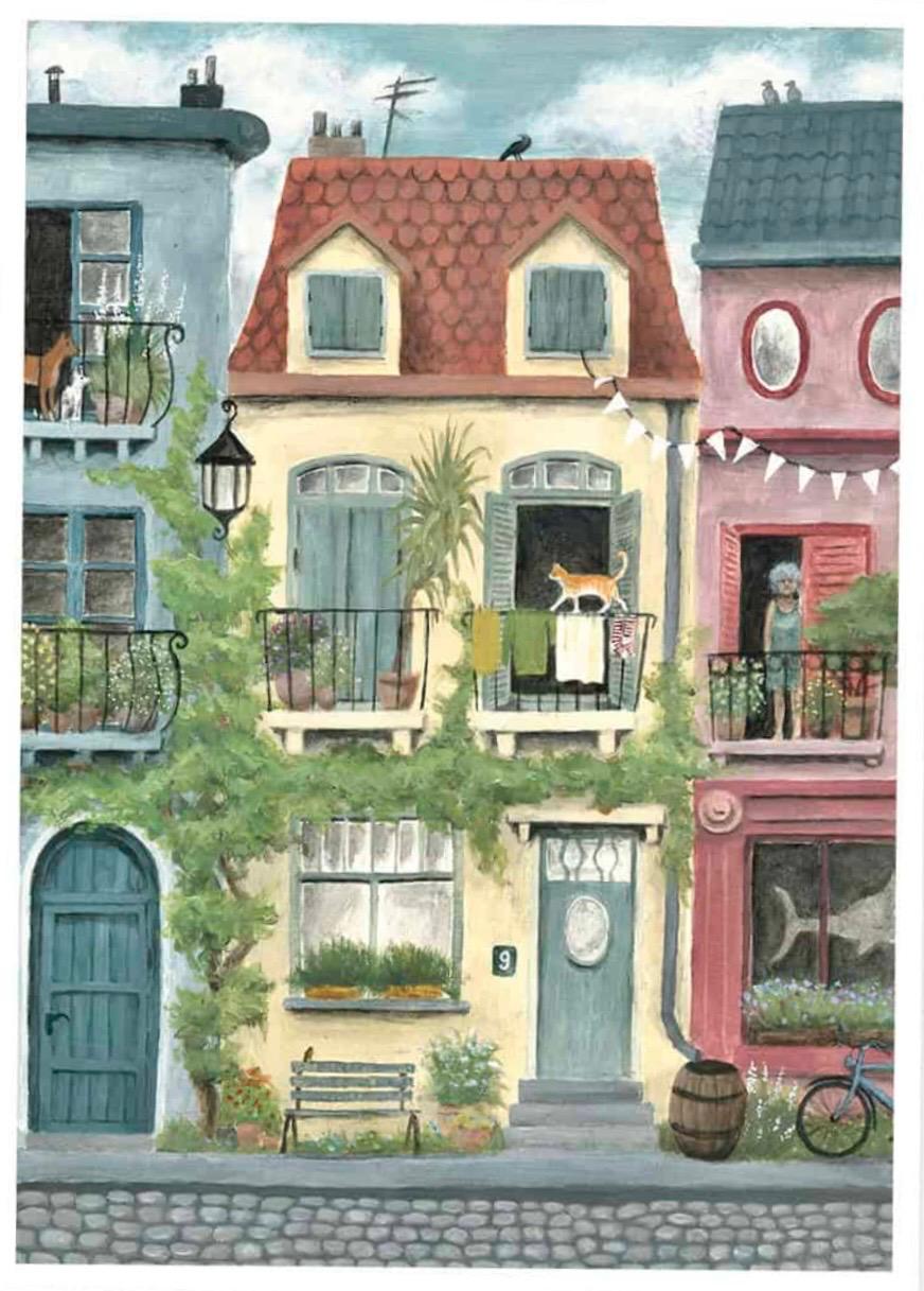 Illustration of charming European townhouses with balconies, plants, cats, and neighbors by Belgian artist Stien van Kerckhoven. Whimsical giclée art print capturing cozy urban life, perfect wall art for home decor lovers in Belgium, the Netherlands, France, and Germany.