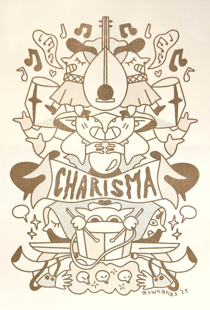 Risograph illustration “Class Act Gold” by Auwnanas featuring whimsical musicians, playful characters, musical notes and decorative shapes in warm golden tones; A3 art print with bold graphic style and lively composition; modern quirky wall art perfect for cheerful home décor and collectors of contemporary risography.