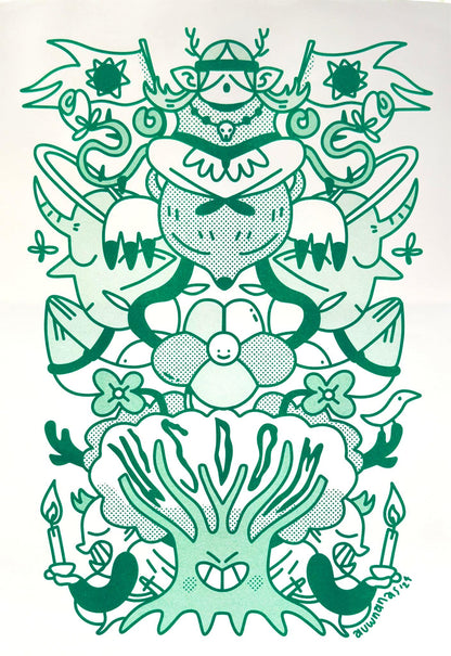 Green risograph illustration by Auwnanas featuring a symmetrical composition of whimsical characters, smiling flowers, quirky animals with horns, waving flags, expressive candles, and a bold central tree figure. Playful linework, bold shapes, and layered green tones create a lively, modern art print. A3 wall art, contemporary risograph illustration for home decor.