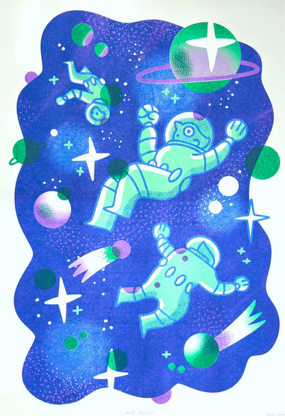A3 limited edition risograph art print titled Space Quest by Belgian illustrator Auwnanas, featuring playful green astronauts floating in deep blue outer space with planets, stars, and graphic cosmic elements, contemporary wall art made in Belgium.