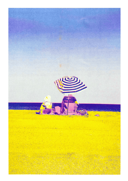 Colorful risograph art print titled “Basque Beach” by PTRVRKD, featuring two people sitting under a striped umbrella on a bright yellow beach with a soft blue-purple sky; A3 limited edition printed on Munken Pure Rough paper. Vibrant modern beach artwork ideal for coastal decor and contemporary wall art collectors.