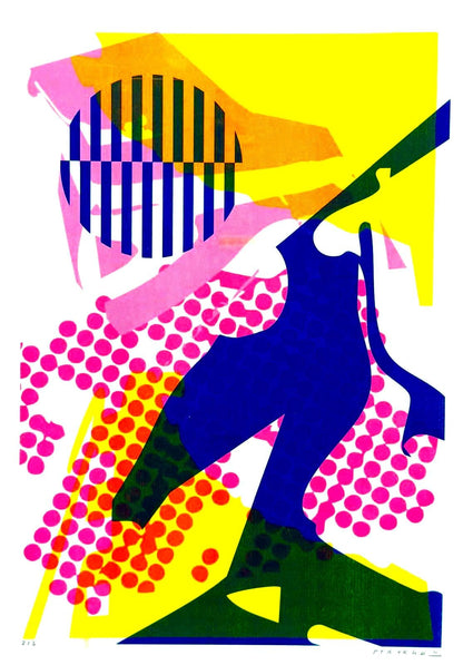 Colorful abstract risograph print by PTRVRKD featuring bold layered shapes in blue, pink and yellow, dynamic collage elements, contemporary graphic textures, limited edition A3 art print made in the Netherlands, modern wall art for vibrant home decor.