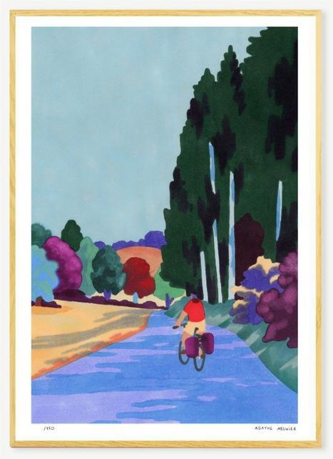A3 four-colour risograph print by Agathe Meunier showing a cyclist riding through a peaceful Jura landscape, with stylised trees, soft pastel fields, and a calm blue road, printed on Munken Print White paper, limited edition, signed and numbered, contemporary European illustration.