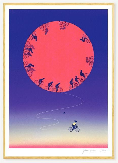 Limited edition A3 risograph print titled The Free Rider by Julie Pernet, featuring cyclists circling a bold red sun on a deep blue gradient background, printed in four colours on Munken Print White 150 g/m² paper, signed and numbered contemporary illustration made in Belgium.
