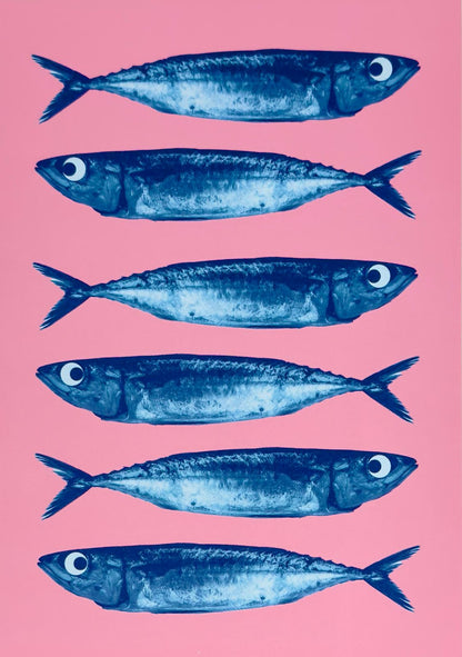 Sardines art print by PTRVRKD, blue fish on pink background, pop art seafood illustration A5, modern graphic wall art.