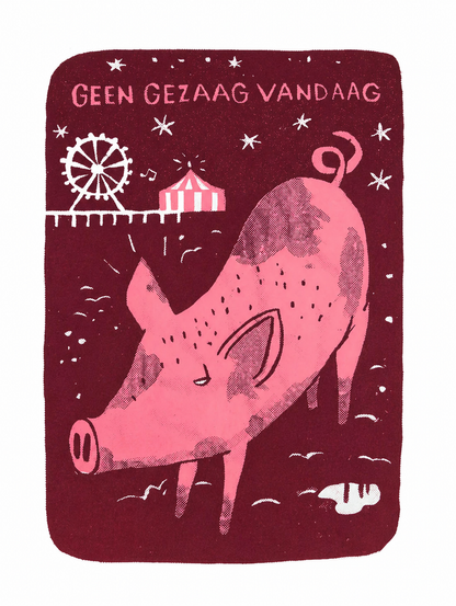 Pink pig walking at night near a small fairground in a whimsical red landscape, humorous 2-colour screen print by Dennis Dellaert, playful limited edition wall art for modern home decor
