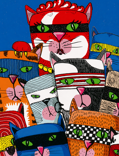 Colorful Cat Gang digital art print by Belgian illustrator Gert Paenen featuring a group of playful masked cats with bright green eyes against a deep blue background, contemporary graphic wall art for modern interiors.