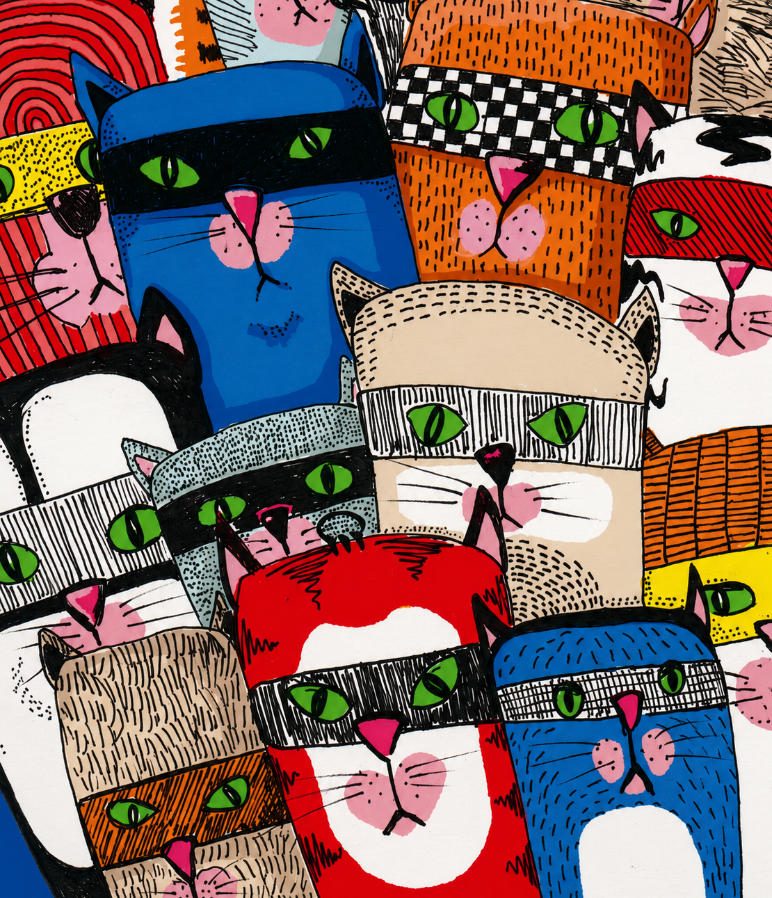 Colorful Cat Gang digital art print by Belgian illustrator Gert Paenen featuring a group of playful masked cats with bright green eyes against a deep blue background, contemporary graphic wall art for modern interiors.