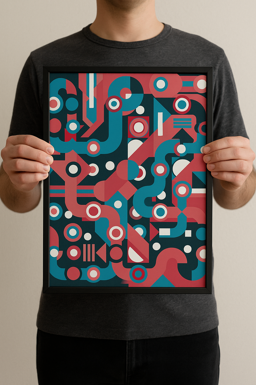 Colorful abstract geometric art print with flowing blue and pink lines, circles, and shapes forming a maze-like pattern. Modern wall art by Belgian illustrator Gert Paenen of Studio Frits, perfect for contemporary interiors and design lovers.