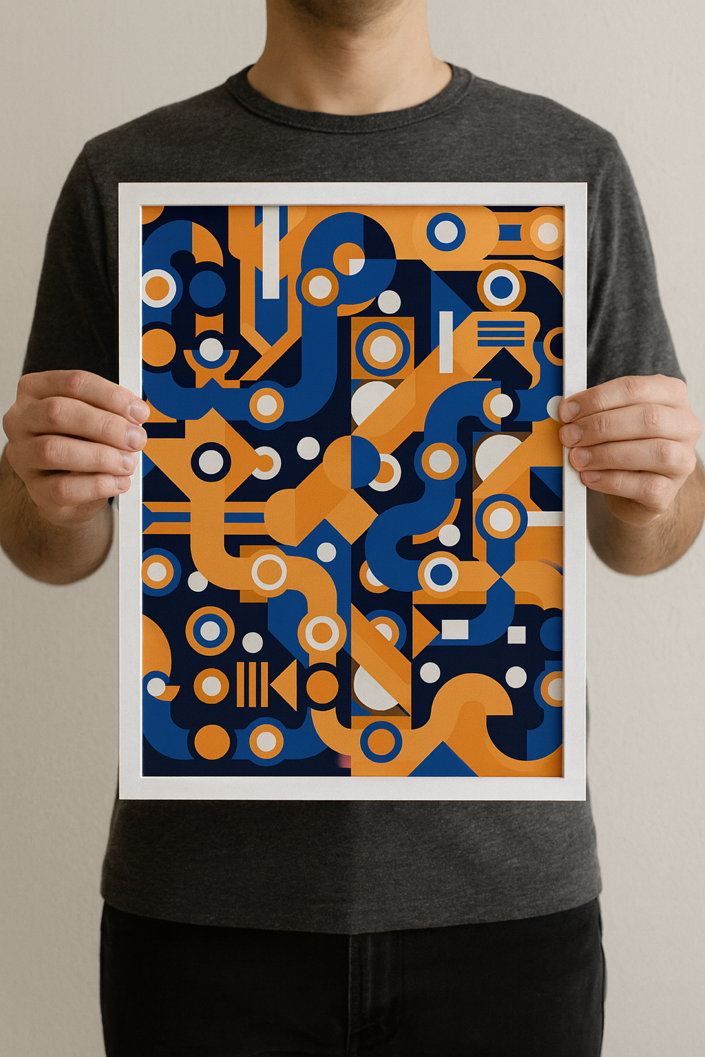 Colorful abstract geometric art print with flowing blue and orange lines, circles, and shapes forming a maze-like pattern. Modern wall art by Belgian illustrator Gert Paenen of Studio Frits, perfect for contemporary interiors and design lovers.