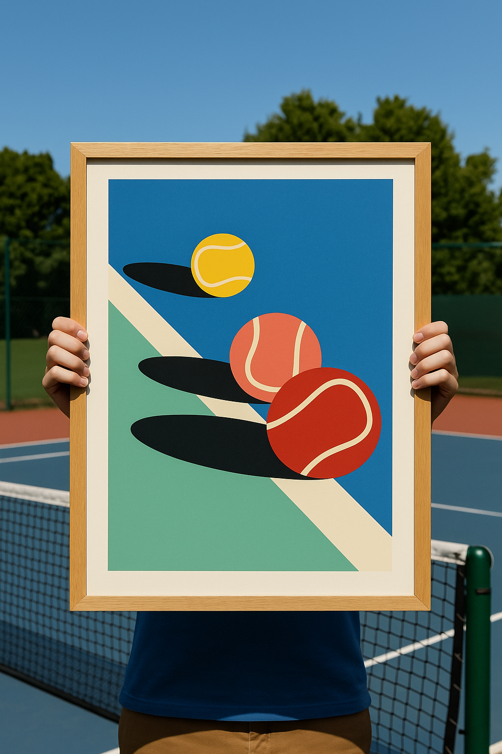 Minimalist art print 3 Tennis Balls by Rosi Feist — a vibrant digital illustration featuring three tennis balls in red, yellow, and pink with bold shadows on a blue and green court. Perfect contemporary wall art for sport lovers and modern design enthusiasts, 50 x 70 cm high-quality digital print.