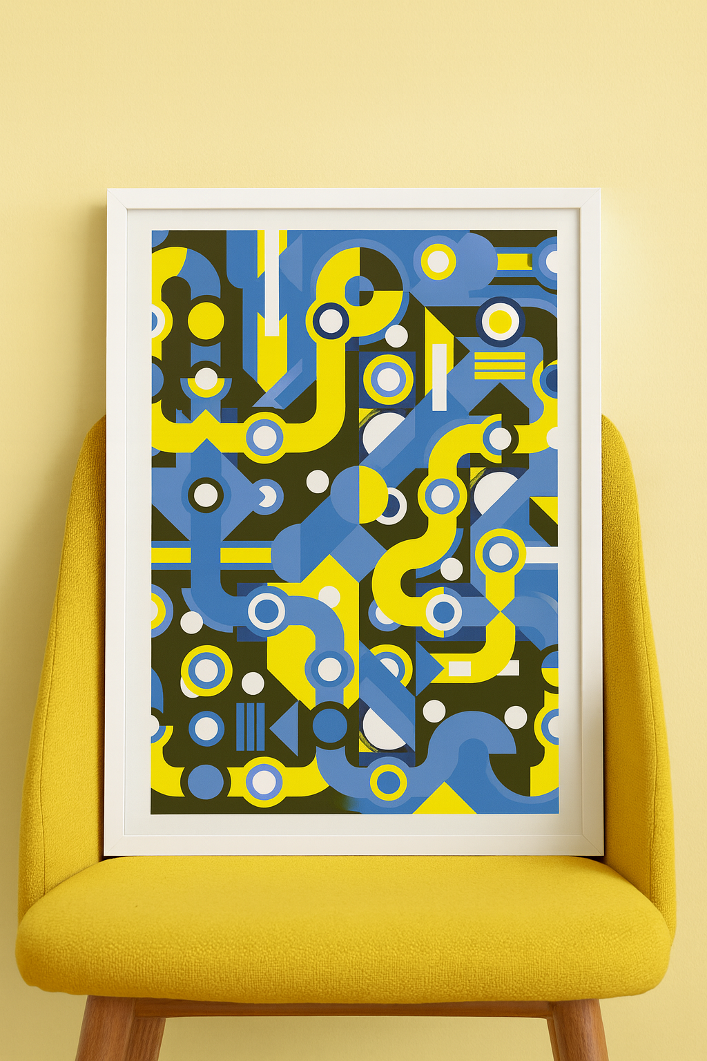 Colorful abstract geometric art print with flowing blue and yellow lines, circles, and shapes forming a maze-like pattern. Modern wall art by Belgian illustrator Gert Paenen of Studio Frits, perfect for contemporary interiors and design lovers.