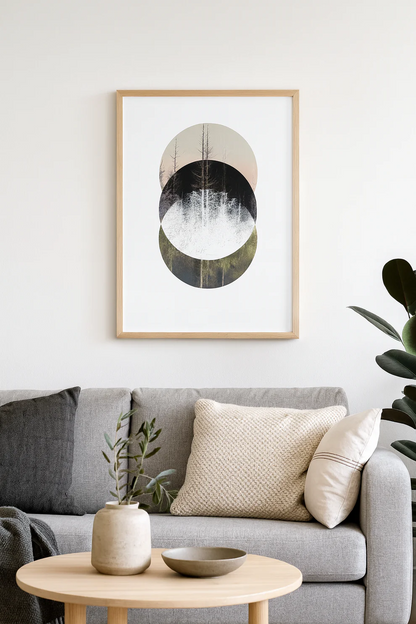 Minimalist Nordic forest art print titled Barrträd by Studio Frits — serene digital collage of pine trees in layered circular compositions, inspired by Swedish nature and Scandinavian design. Perfect wall art for modern interiors in Belgium, the Netherlands, France, and Germany.