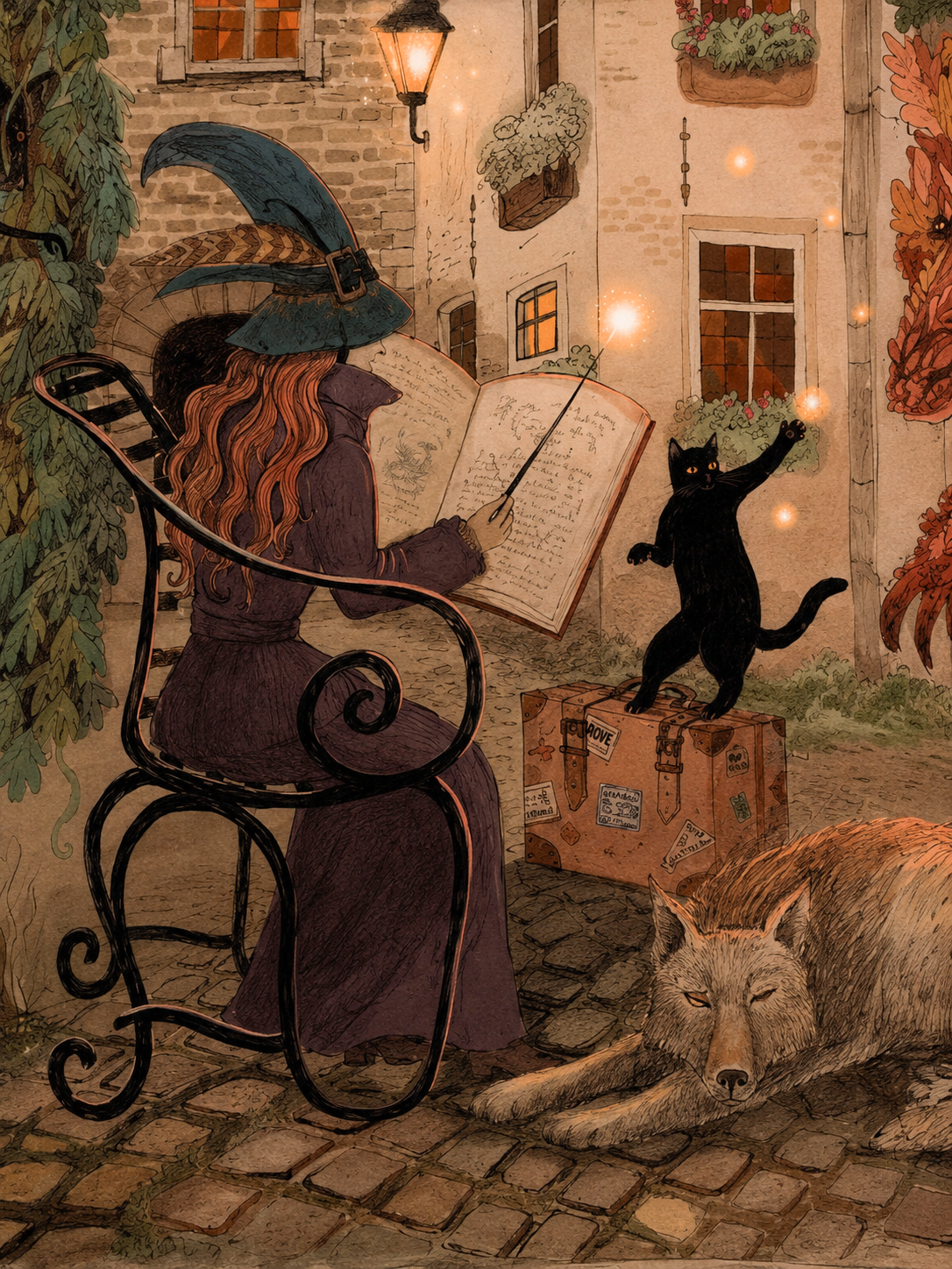 Fantasy illustration inspired by Antwerp's historic Vlaaikensgang, featuring a witch reading in a hidden courtyard with a black cat, wolf, and autumn spirit. Warm storybook colors, detailed giclée print, vertical wall art for cozy home decor.