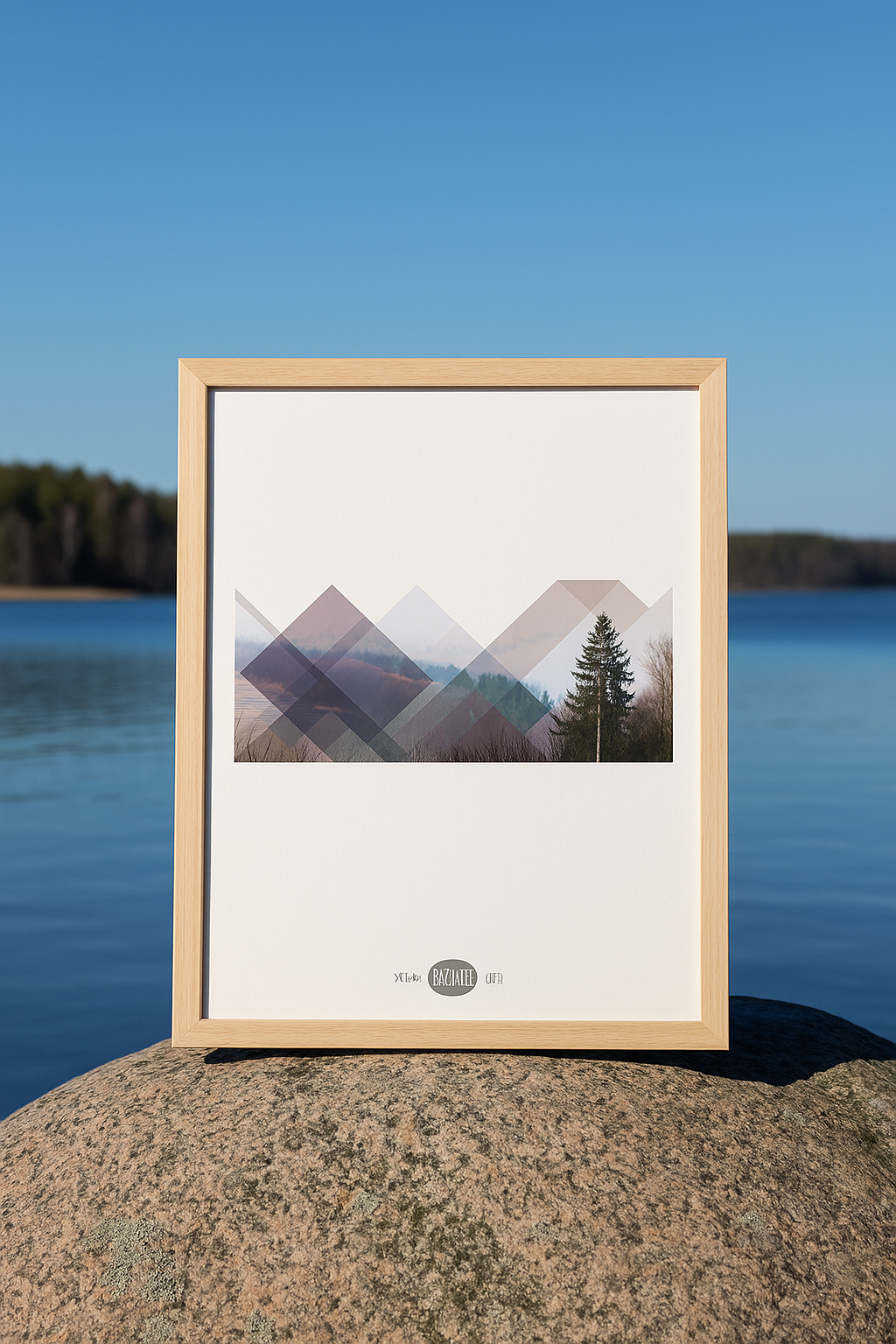 Minimalist geometric landscape art print titled Skogen by Studio Frits, combining layered transparent shapes with a Swedish forest photograph to create a peaceful Scandinavian aesthetic, ideal for contemporary wall decor.