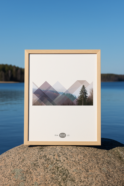 Minimalist geometric landscape art print titled Skogen by Studio Frits, combining layered transparent shapes with a Swedish forest photograph to create a peaceful Scandinavian aesthetic, ideal for contemporary wall decor.