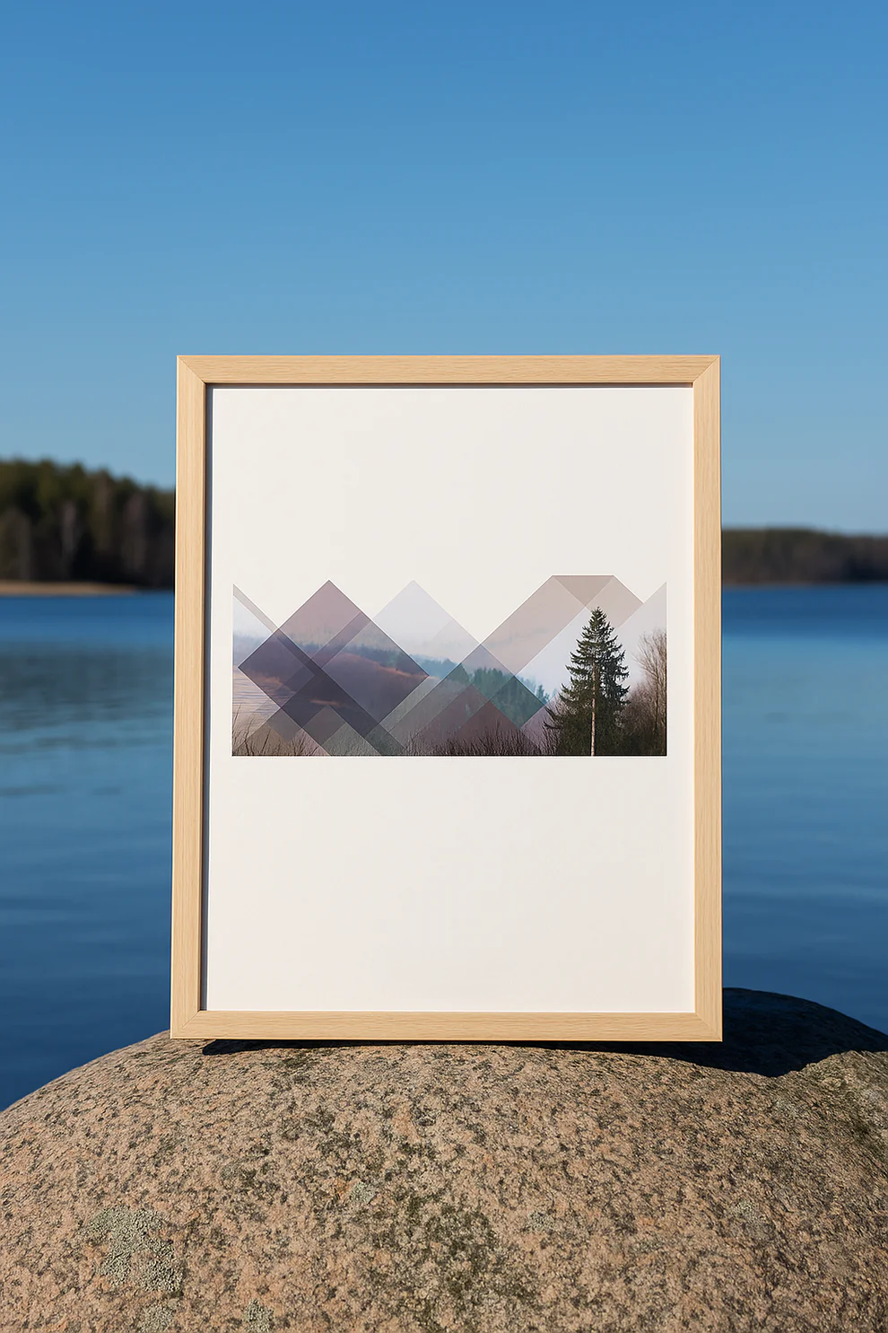 Minimalist geometric landscape art print titled Skogen by Studio Frits, combining layered transparent shapes with a Swedish forest photograph to create a peaceful Scandinavian aesthetic, ideal for contemporary wall decor.