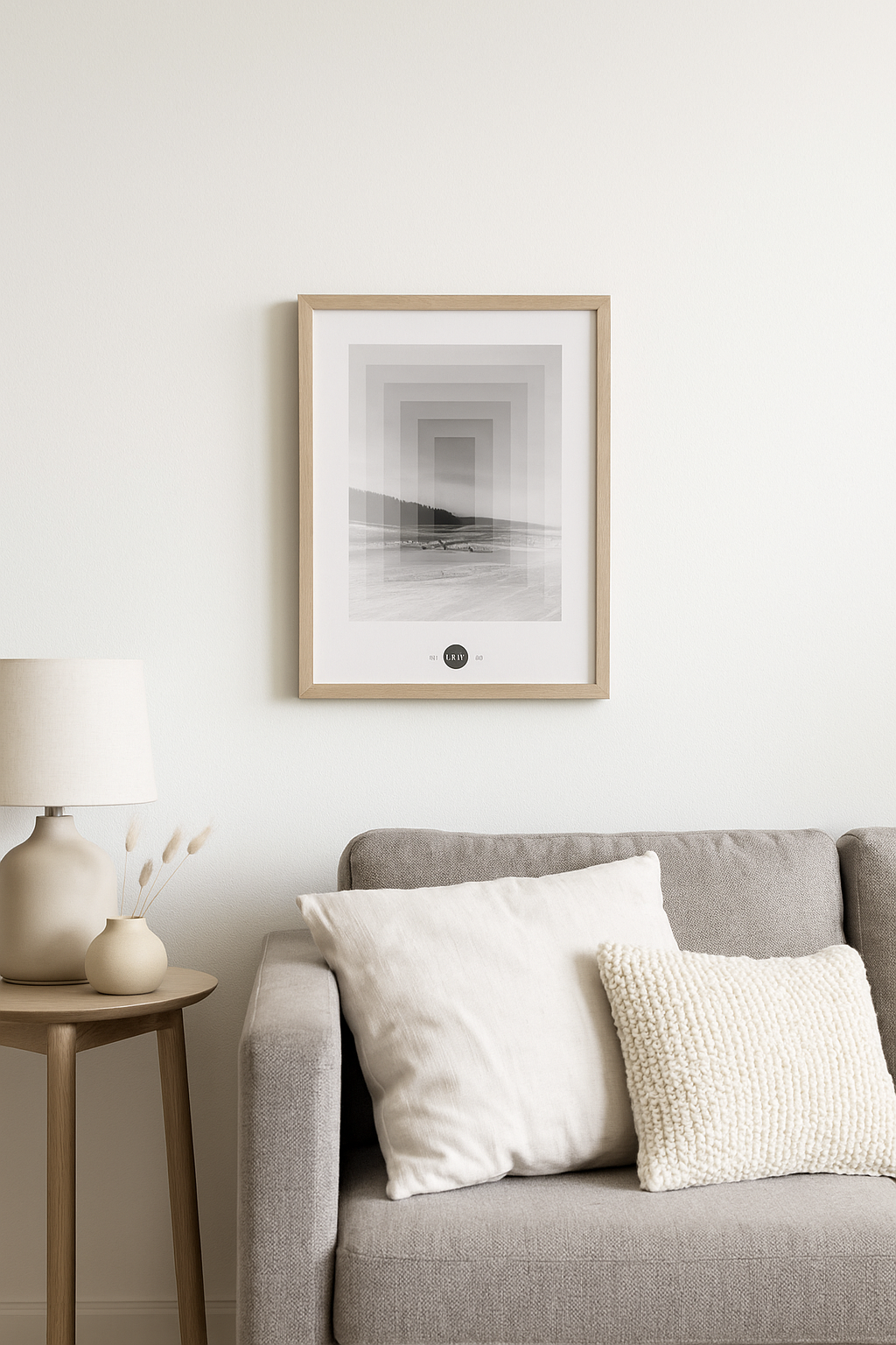 Minimalist Nordic art print SØ by Studio Frits, black-and-white geometric landscape inspired by Swedish winter woods, fine art digital print on matte paper, modern wall decor for Scandinavian and design lovers.