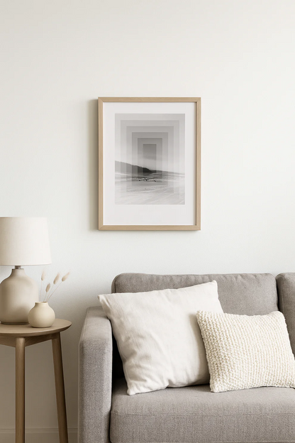 Minimalist Nordic art print SØ by Studio Frits, black-and-white geometric landscape inspired by Swedish winter woods, fine art digital print on matte paper, modern wall decor for Scandinavian and design lovers.