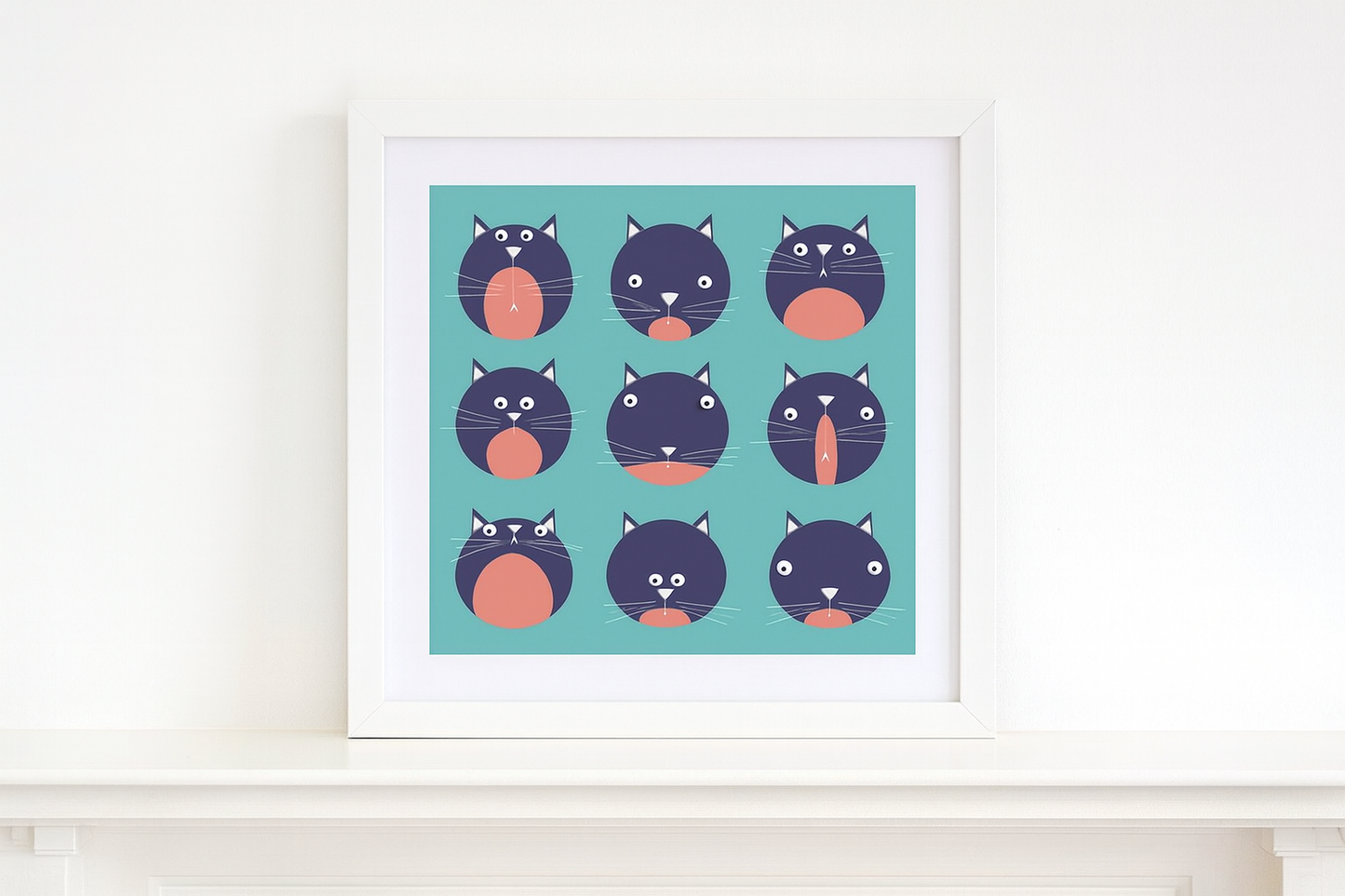 Illustration titled "9 Lives" by Studio Frits, featuring nine playful black and pink cartoon cat faces with varied expressions on a teal background. Perfect for cat lovers and modern home decor.