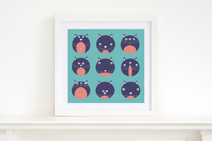 Illustration titled "9 Lives" by Studio Frits, featuring nine playful black and pink cartoon cat faces with varied expressions on a teal background. Perfect for cat lovers and modern home decor.