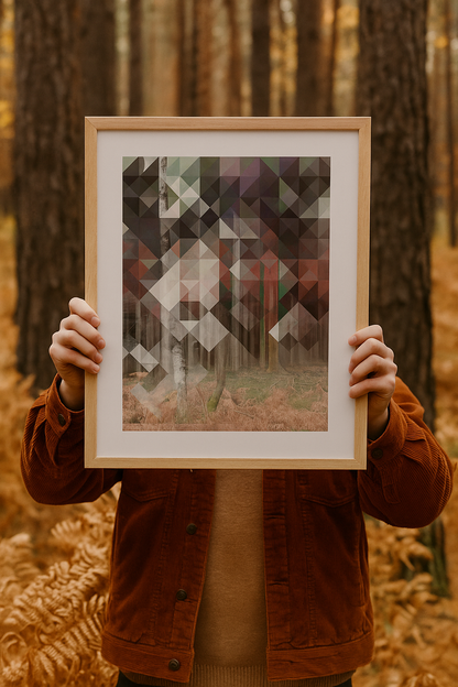 Birk art print by Studio Frits – geometric Scandinavian forest artwork by Belgian illustrator Gert Paenen, inspired by Swedish woods, combining photography and abstract patterns in calm earthy tones – Nordic wall art for modern interiors