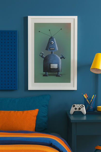 Blue Robot by Studio Frits – whimsical retro-style robot illustration with antennas and claw hands, digital art print for kids’ rooms or modern decor, available at Galerie Frits