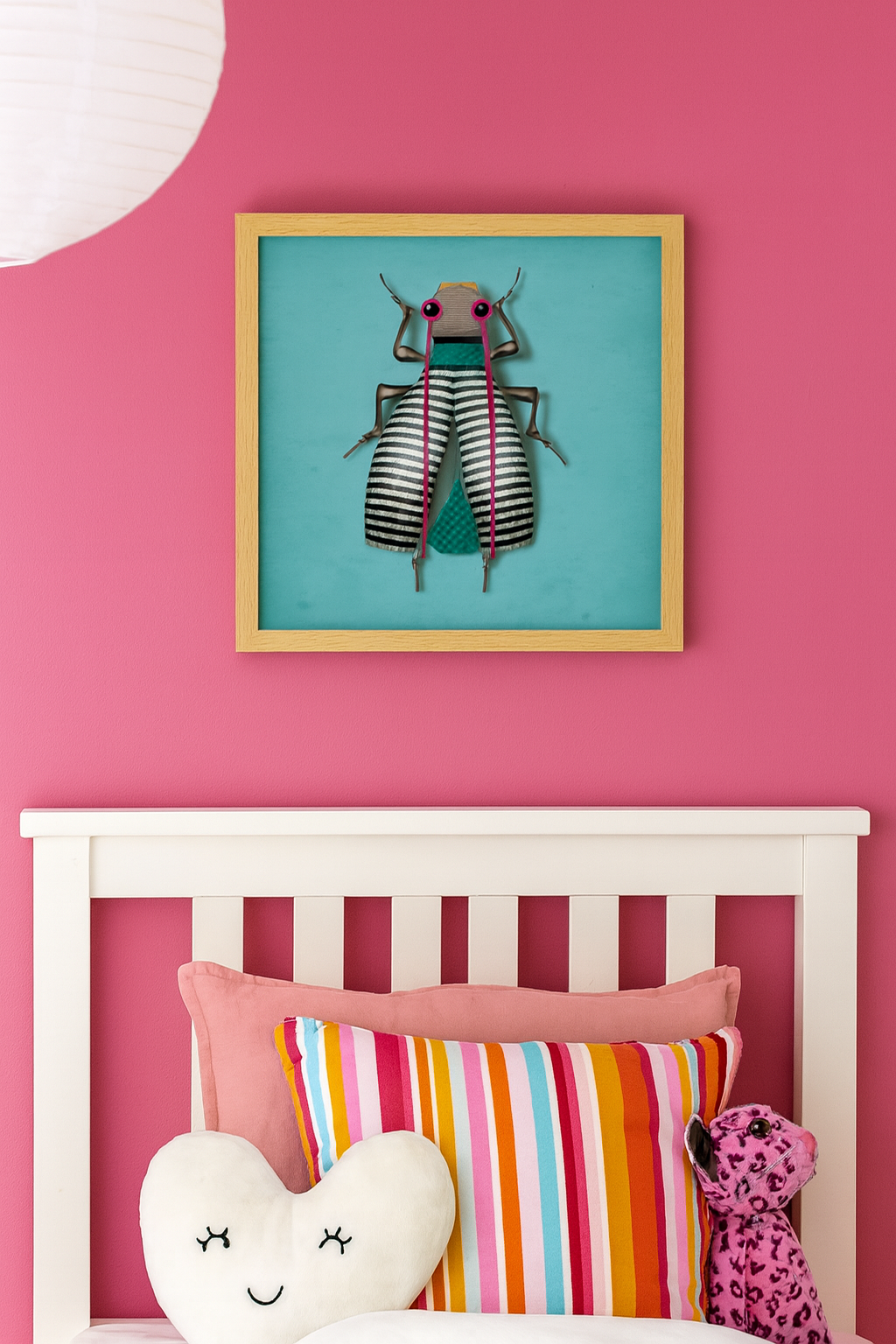 Modern illustration titled 'Carmen In-Secto' by Studio Frits, featuring a whimsical stylized insect with black-and-white striped wings, vibrant pink antennae, and geometric textures on a teal background – unique bug-themed wall art for eclectic interiors, available at Galerie Frits