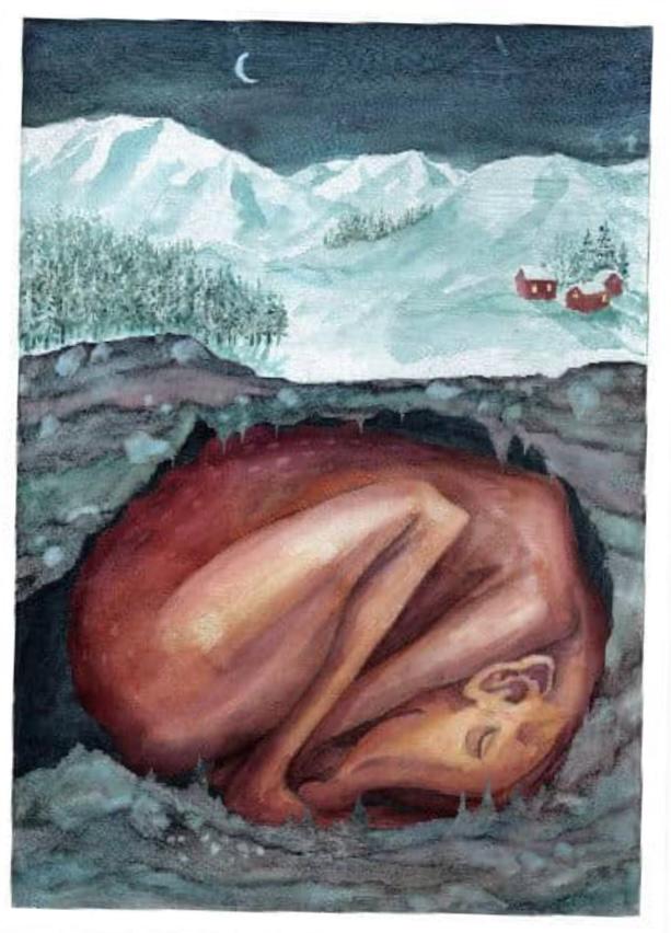 Dreamlike digital illustration titled Winterslaap by Belgian artist Stien van Kerckhoven, depicting a curled human figure sleeping peacefully beneath a snowy mountain landscape with a crescent moon and small red cabins — symbolic art print about hibernation, rest, and the warmth of winter stillness.
