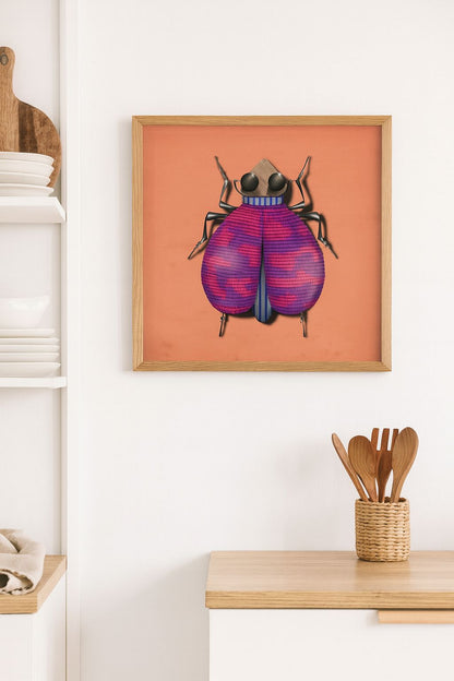 Illustration of a stylized beetle in pink, purple, and teal hues on an orange background, surreal insect wall art by Studio Frits, 30 x 30 cm art print made in Belgium.