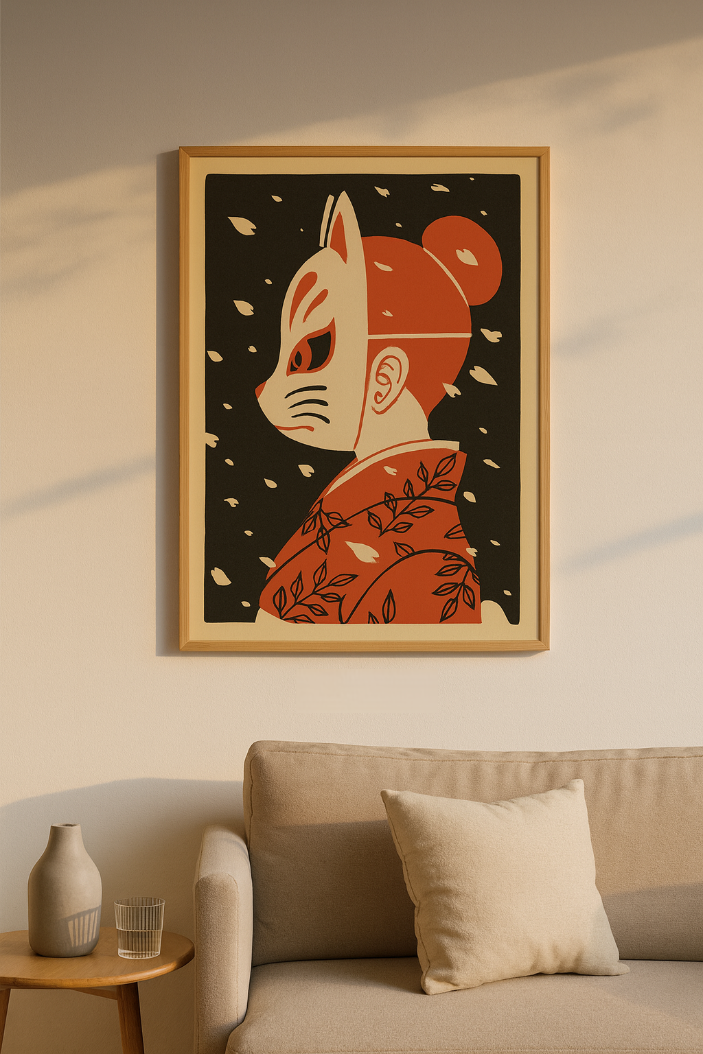 Hanami art print by Yeaaah! Studio – Japanese kitsune fox mask girl in kimono illustration, inspired by folklore and pop culture, bold modern wall art on 300g paper