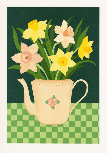 Botanical art print “Daffodils” by Leens featuring bright yellow daffodil flowers in a blue striped teapot on a pink table. Warm floral wall art with vintage colours for cozy kitchen and Scandinavian-style interiors.
