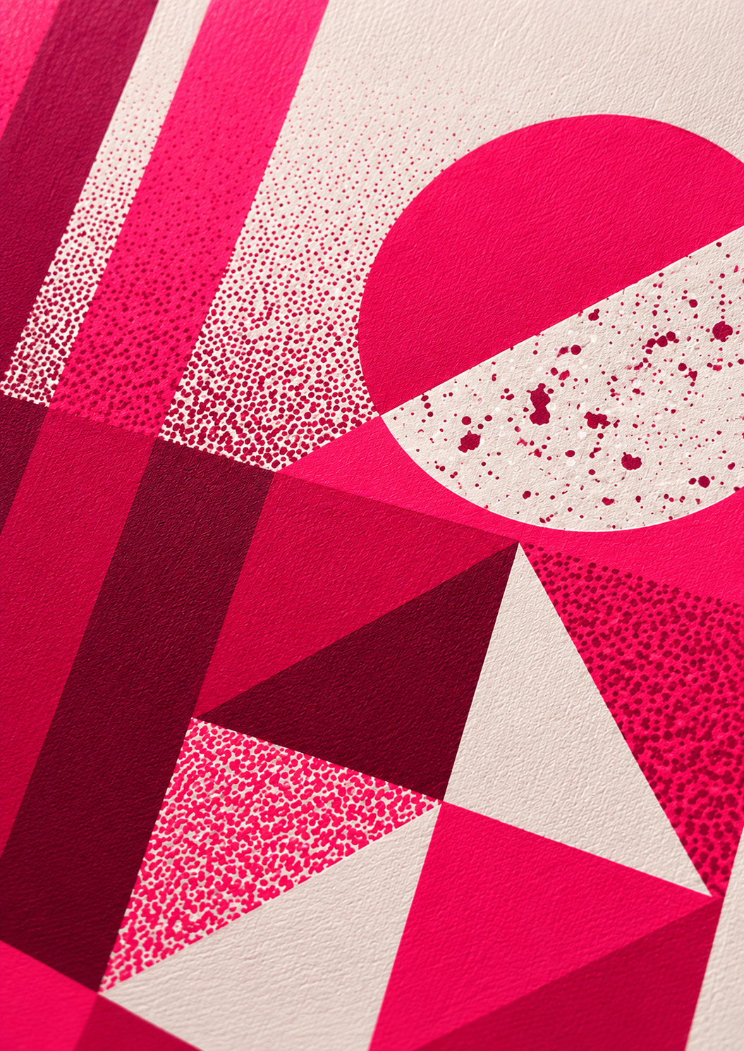 Geometric abstract handmade screenprint in bright pink and burgundy tones by PLUMO featuring circles, arches, triangles, and vertical shapes in a modern Bauhaus-inspired composition on white background.
