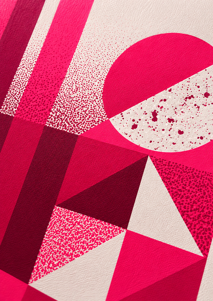 Geometric abstract handmade screenprint in bright pink and burgundy tones by PLUMO featuring circles, arches, triangles, and vertical shapes in a modern Bauhaus-inspired composition on white background.