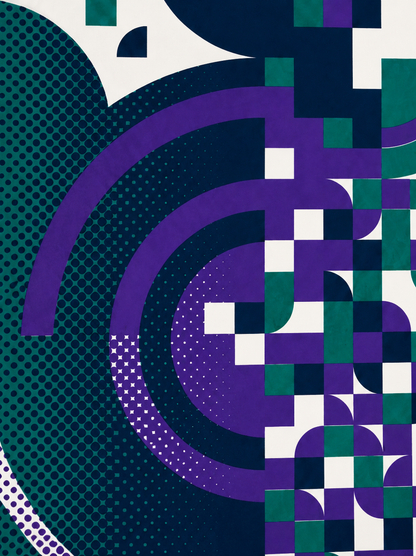 Abstract geometric handmade screenprint in teal, navy blue, and purple by PLUMO featuring pixel-inspired shapes, circular forms, and modern graphic patterns on a white background.