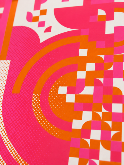Pixel Drift 3 by PLUMO, handmade abstract screenprint in pink and orange with geometric pixel shapes, curved forms, and contemporary graphic design composition on white background.