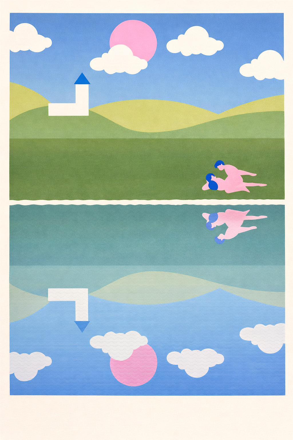 Risograph art print titled A peaceful town by Studio Stoutpoep, featuring a surreal countryside scene with rolling hills, a white church, and two nude figures in an intimate moment near a reflective lake. A2 size print in soft pastel colors, printed in Belgium with soy-based inks.