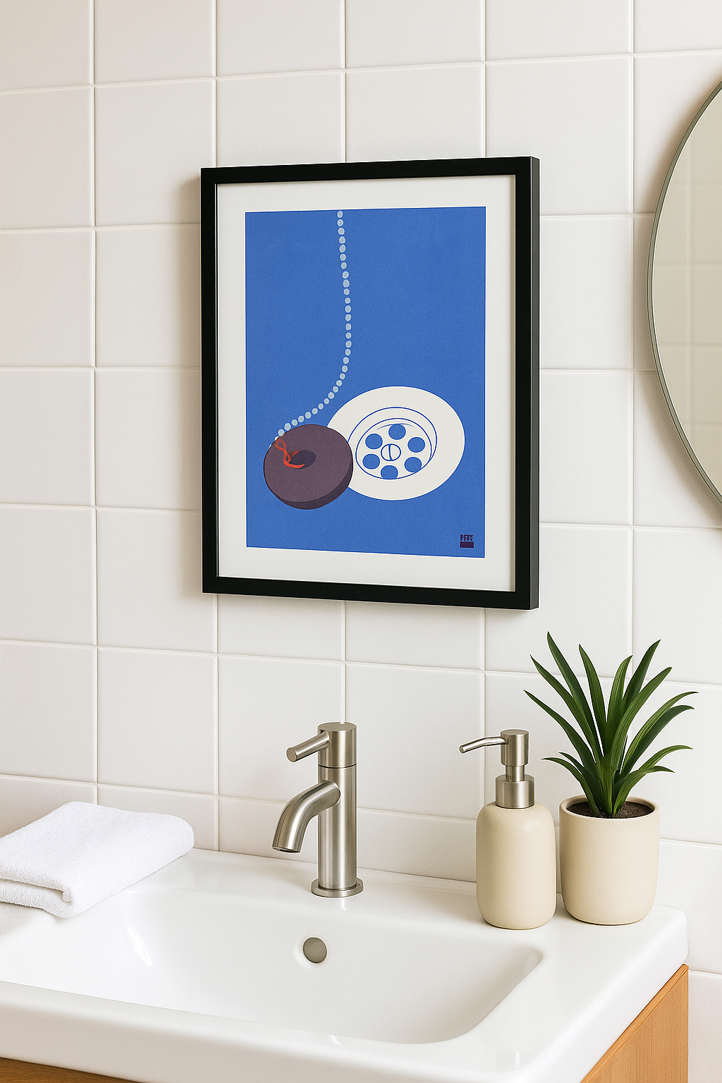 Minimalist risograph art print of a kitchen sink drain and plug, designed in vivid red and blue by Dutch studio VrijFormaat. Modern pop-art style illustration from the “Extra Ordinary” series, celebrating everyday household objects. Printed on Biotop paper, A4 size, made in Utrecht, the Netherlands.