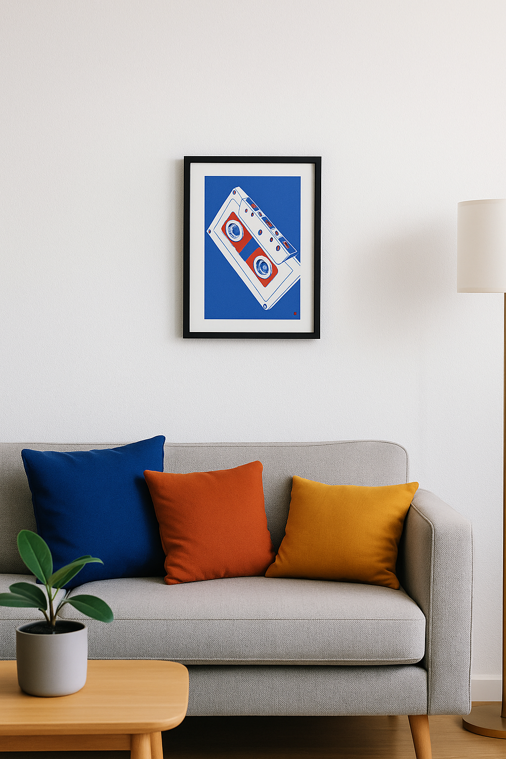Minimalist risograph art print of a vintage cassette tape in red and blue tones by VrijFormaat. Retro-inspired wall art celebrating analog design, printed on 160g Biotop paper in Utrecht, Netherlands. Perfect for design lovers and music enthusiasts.
