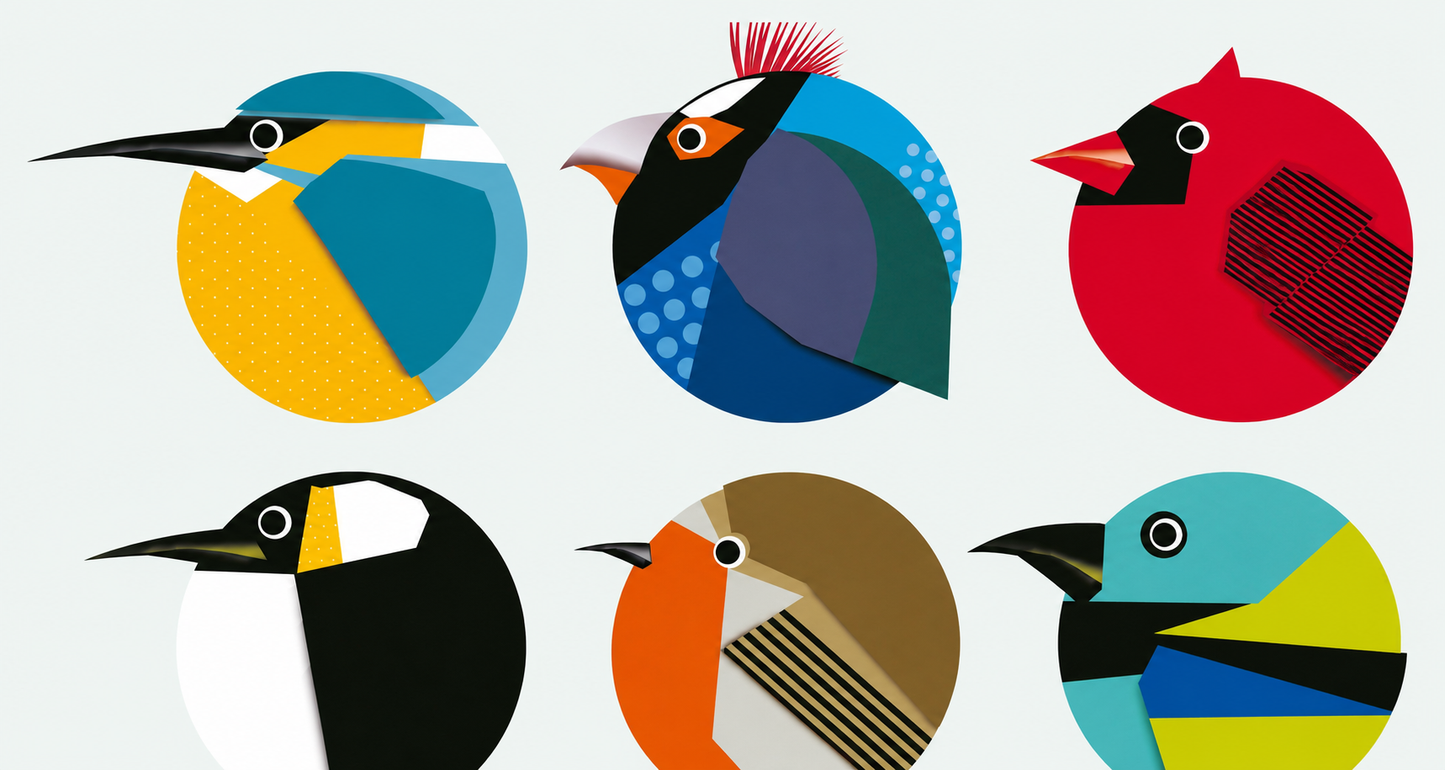 Circle Birds by Gert Paenen, colorful geometric bird illustration art print featuring 15 stylized birds inside circular compositions, modern graphic wall art print for contemporary interiors and design lovers