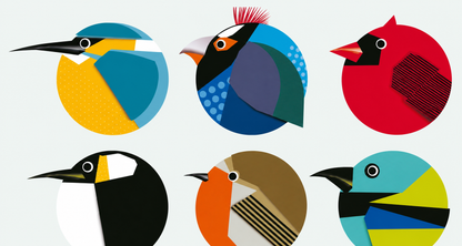 Circle Birds by Gert Paenen, colorful geometric bird illustration art print featuring 15 stylized birds inside circular compositions, modern graphic wall art print for contemporary interiors and design lovers