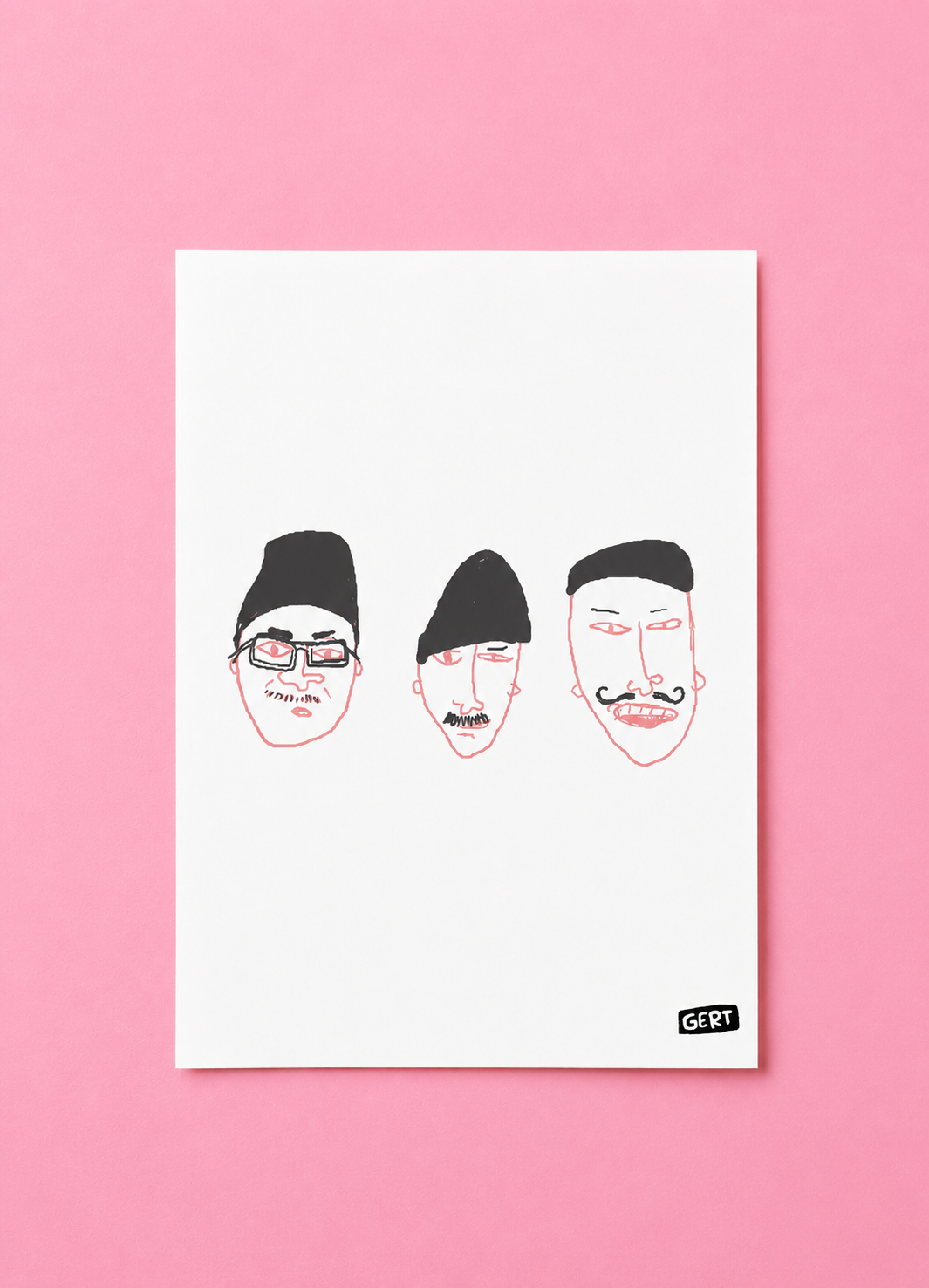 Minimalist digital art print featuring three abstract illustrated faces with hats and moustaches by Belgian illustrator Gert Paenen, printed on light grey background in expressive hand-drawn style.
