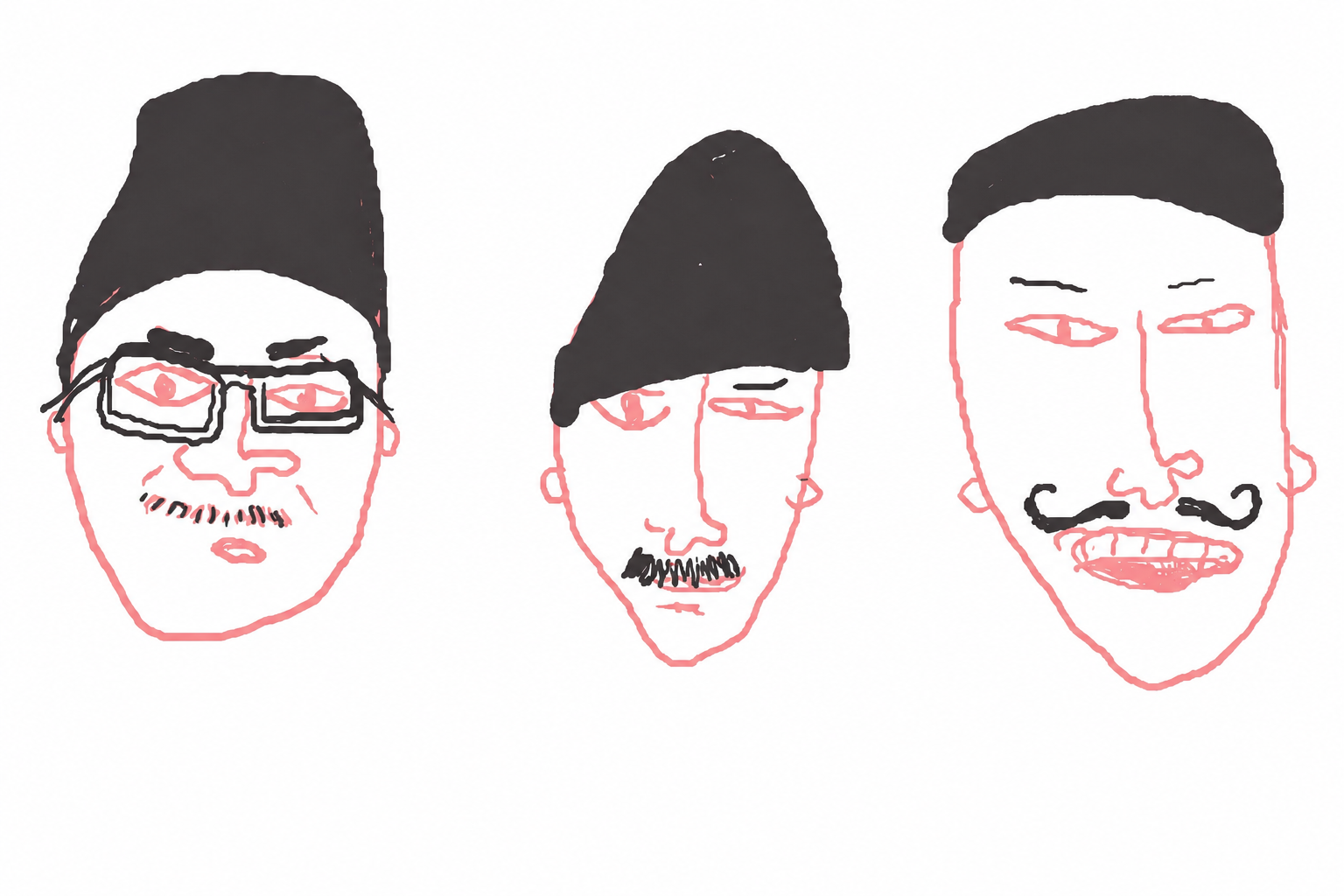 Minimalist digital art print featuring three abstract illustrated faces with hats and moustaches by Belgian illustrator Gert Paenen, printed on light grey background in expressive hand-drawn style.