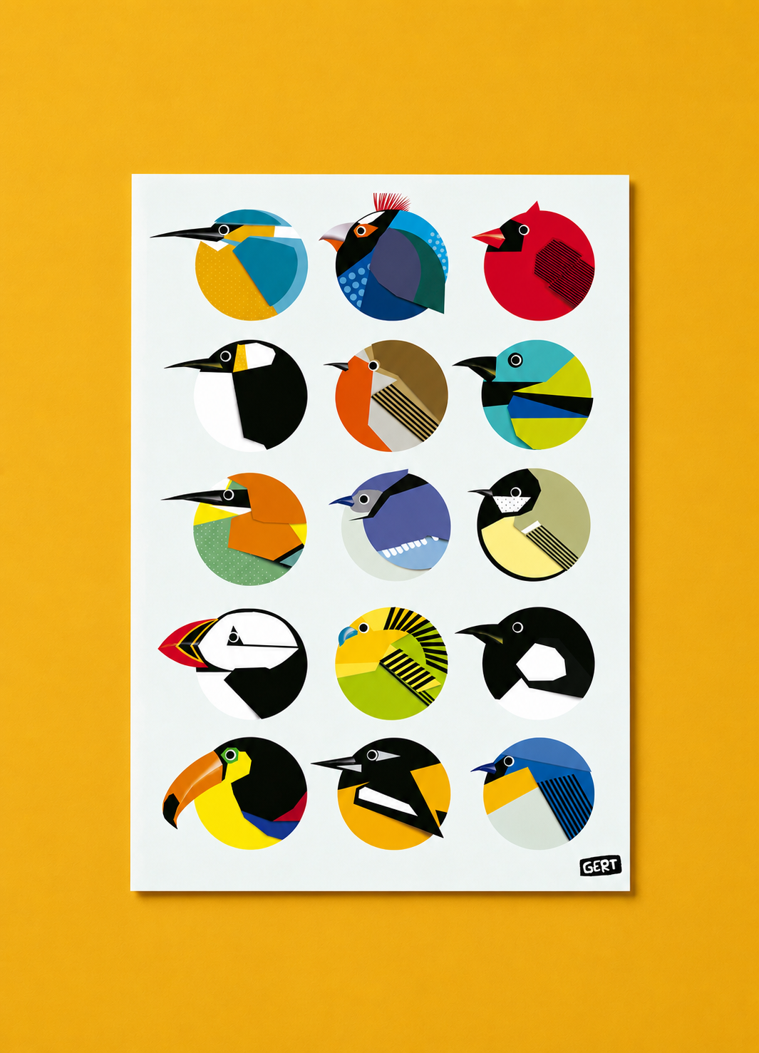 Circle Birds by Gert Paenen, colorful geometric bird illustration art print featuring 15 stylized birds inside circular compositions, modern graphic wall art print for contemporary interiors and design lovers