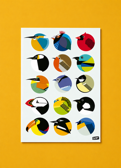 Circle Birds by Gert Paenen, colorful geometric bird illustration art print featuring 15 stylized birds inside circular compositions, modern graphic wall art print for contemporary interiors and design lovers