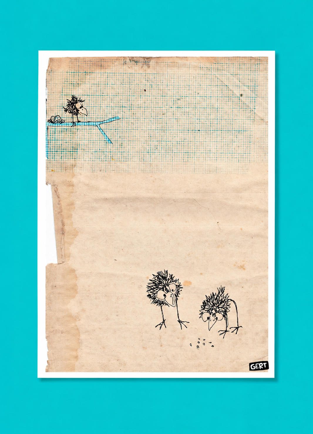 Minimalist bird illustration by Belgian artist Gert Paenen featuring hand-drawn quirky birds on textured vintage-style paper with blue grid details, contemporary digital art print for playful modern interiors.